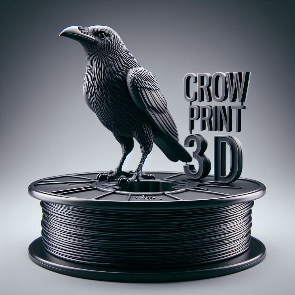 An image of a crow sitting on a spool of printer filament, the company name behind it.